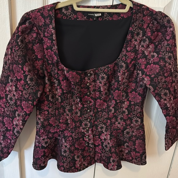 NANETTE LEPORE Purple Pink Floral Brocade Button Peplum Sweetheart Blouse - Picture 1 of 5